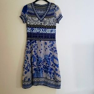 Etro knit and silk dress sz M flared blue patchwork